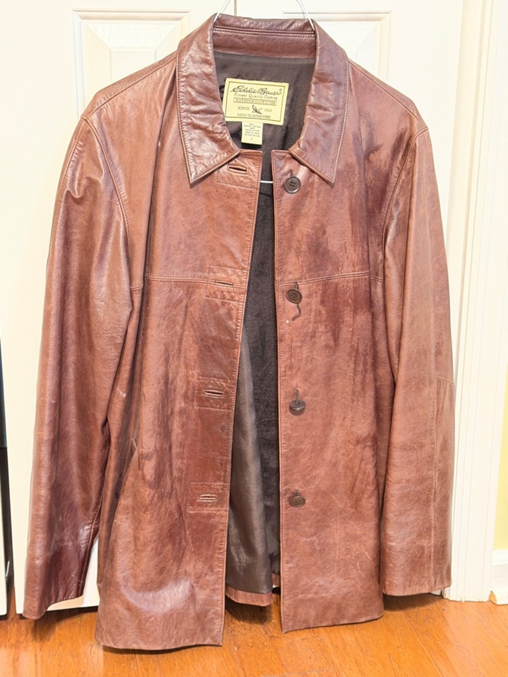 Eddie Bauer Distressed Chestnut Leather Button-Front Jacket